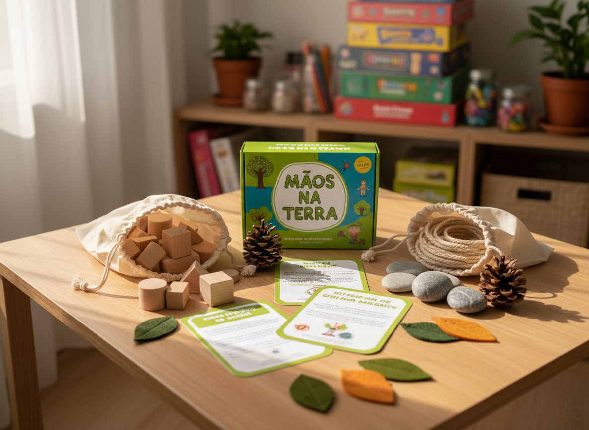 A cozy wooden play table scattered with a carefully arranged monthly offline activity kit, featuring a colorful cardboard box labeled “Mãos na Terra,” cloth bags filled with smooth wooden blocks, natural fiber ropes, and thick recycled-cardstock instruction cards with hand-drawn illustrations. Around the box lie simple nature-based toys: pinecones, polished pebbles, and felt leaves in earthy greens and warm oranges. Soft morning sunlight from a nearby window washes over the scene, creating gentle highlights on the wood grain and soft shadows between objects. Shot at eye level with a shallow depth of field, the background softly blurred shelves of board games and craft supplies. The photographic realism emphasizes a playful, warm, screen-free atmosphere, inviting hands-on discovery and imagination.