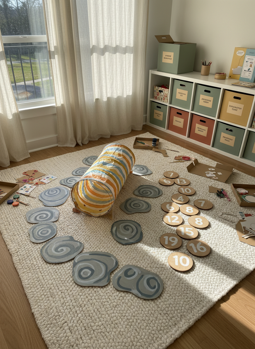 A bright living room corner transformed into a playful offline adventure space, centered on a thick woven rug covered with homemade obstacle course pieces from a monthly kit: cardboard stepping stones painted like river rocks, a simple fabric tunnel supported by flexible rings, and numbered wooden discs forming a hopscotch path. In the background, a low bookshelf holds labeled storage boxes for past kits, their colors muted but cheerful. Late afternoon golden light filters through semi-sheer curtains, casting elongated, whimsical shadows that emphasize movement. Captured from a slightly elevated angle, with sharp focus on the textures of fabric and cardboard and gentle background blur. The atmosphere is energetic and vibrant yet calm, embodying photographic realism and encouraging physical, imaginative play far from any screen.