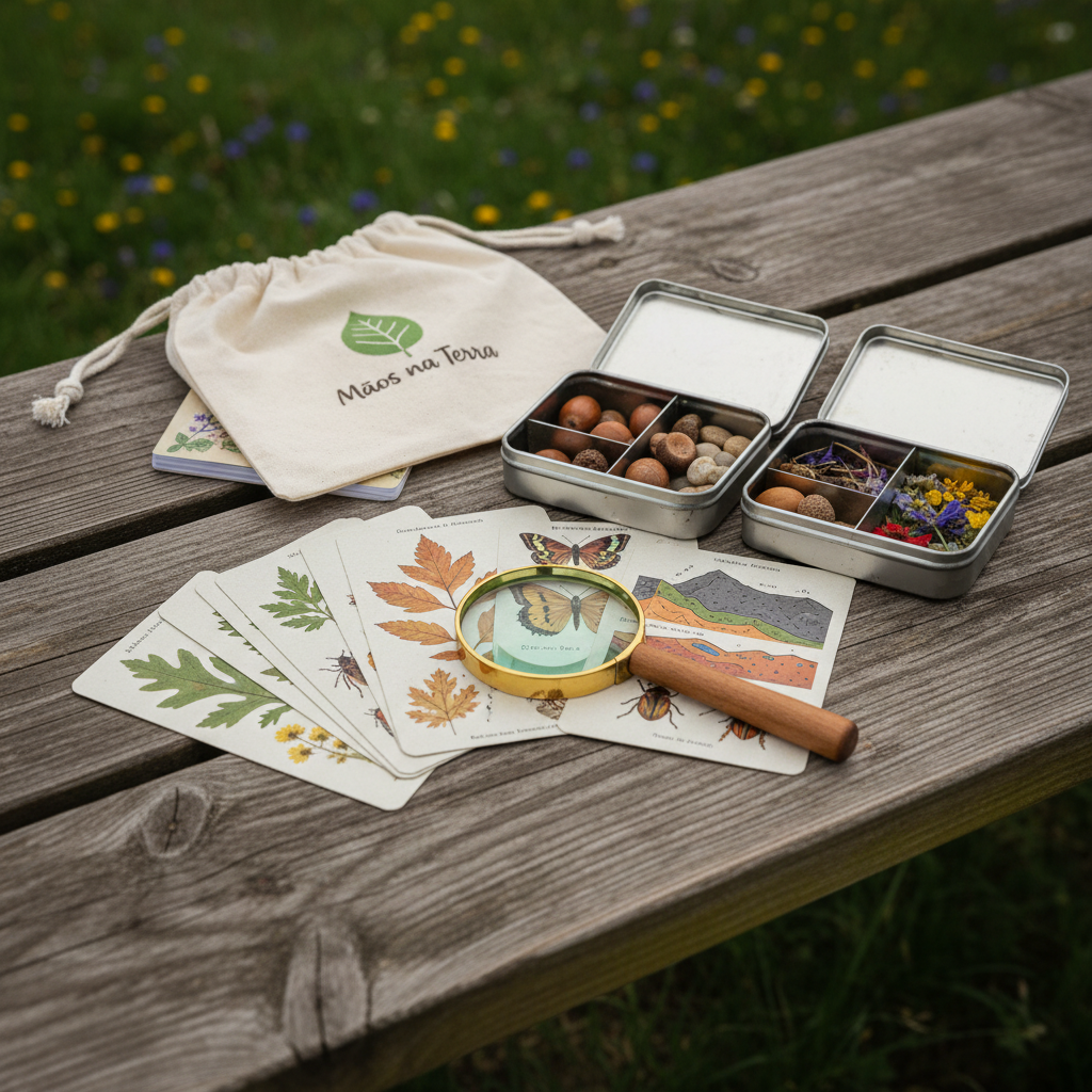 A close-up, photographic shot of a nature-exploration kit arranged on a weathered wooden picnic table outdoors. A small magnifying glass with a sturdy wooden handle rests beside illustrated field cards showing leaves, insects, and rocks, printed on thick matte paper. Nearby, compartmented tin boxes hold collected treasures: acorns, patterned stones, dried flowers. A cotton drawstring bag with the “Mãos na Terra” logo lies half-open, hinting at more surprises. Soft overcast daylight creates diffused, shadowless illumination, enhancing every grain and fiber. In the background, slightly out of focus, hints of green grass and wildflowers frame the scene. The composition centers the magnifying glass and cards, with a shallow depth of field that feels intimate and exploratory. The mood is serene, curious, and grounded in nature-focused offline learning.