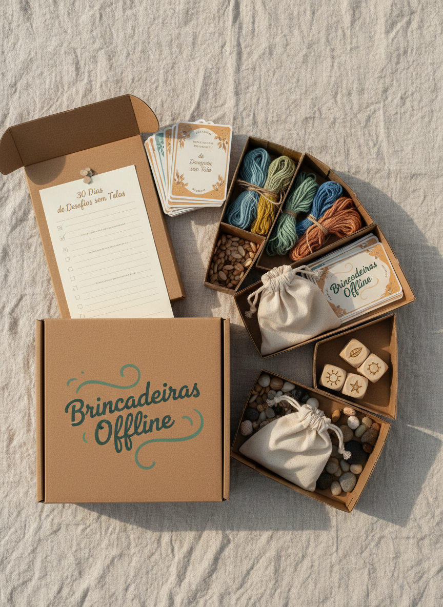 An overhead photographic view of an open “Brincadeiras Offline” kit spread across a rustic linen cloth, revealing compartmentalized cardboard trays holding neatly stacked activity cards, bundles of colored yarn, wooden dice with engraved symbols, and small canvas pouches filled with natural treasures like seeds and tiny shells. A handwritten-style checklist peeks out from under the lid, promising a month of playful challenges without screens. Diffused afternoon light from the side creates a soft, even glow with barely-there shadows, giving every texture clarity. The composition uses rule of thirds, with the branded box in one corner and the activities radiating outward. The mood is organized yet playful, evoking curiosity and tactile exploration in a clean, modern, eco-friendly photographic style.